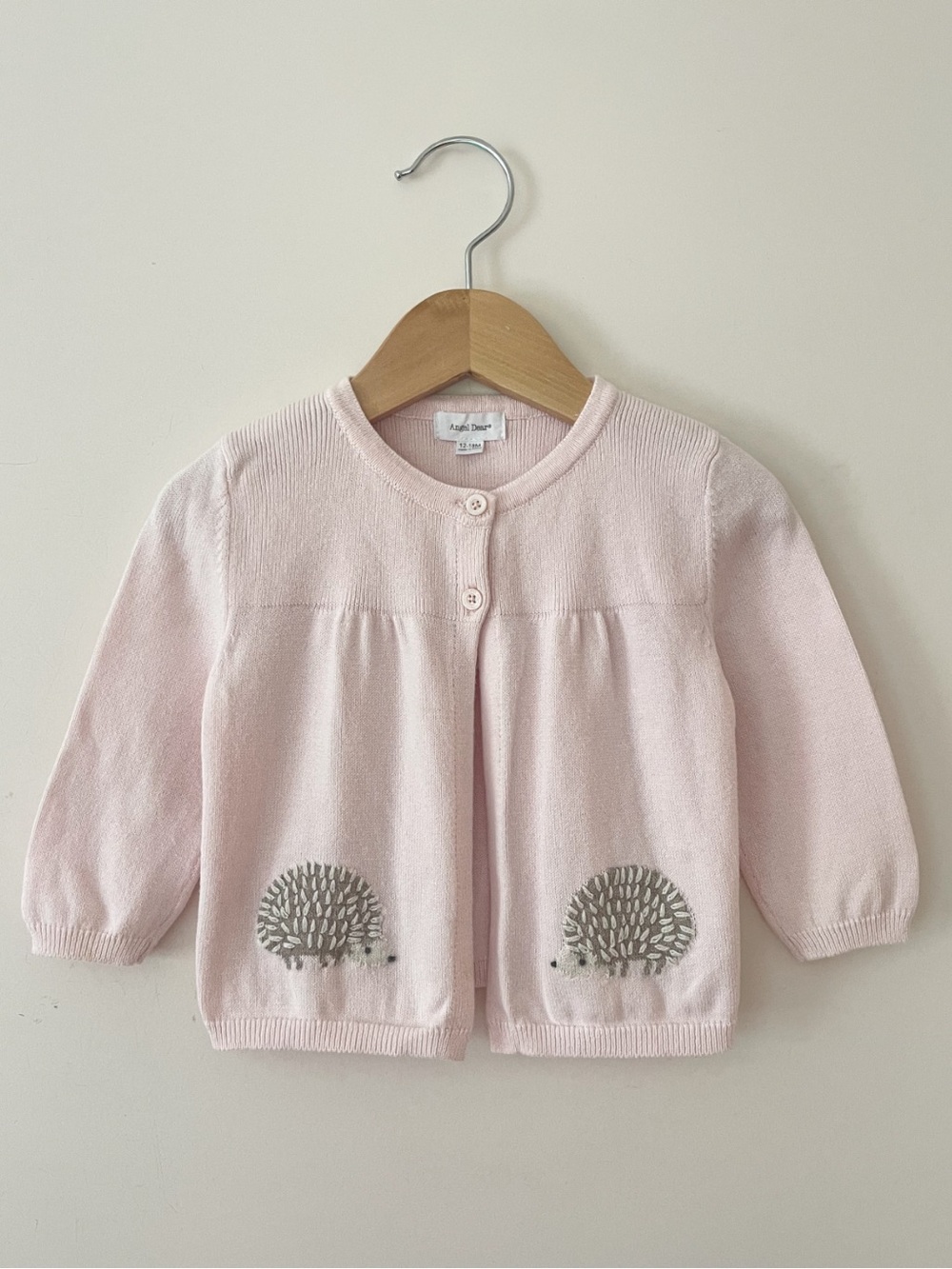 ANGEL DEAR EUC Soft Blush Pink Hedgehog Appliqué Knit Cardigan